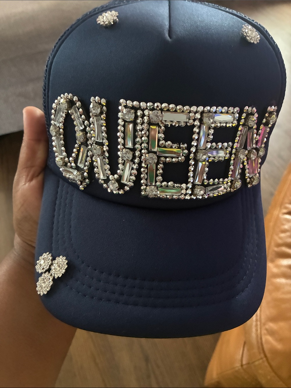 QUEEN Embellished Navy Crystal Trucker Hat
